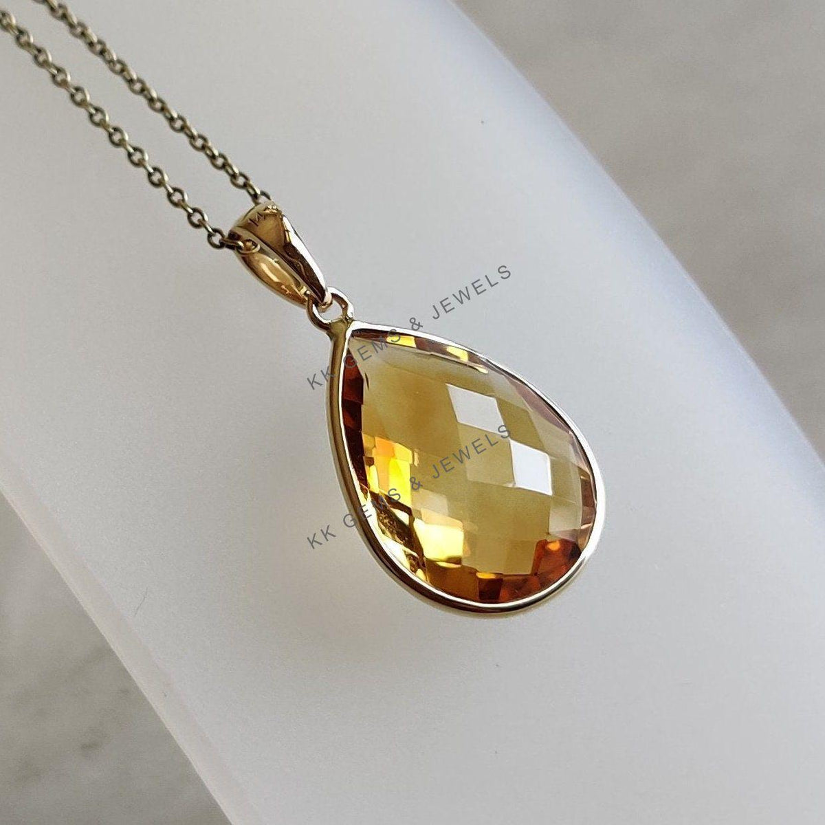 14K Solid Gold Natural Citrine Pear Bezel Pendant, November Birthstone