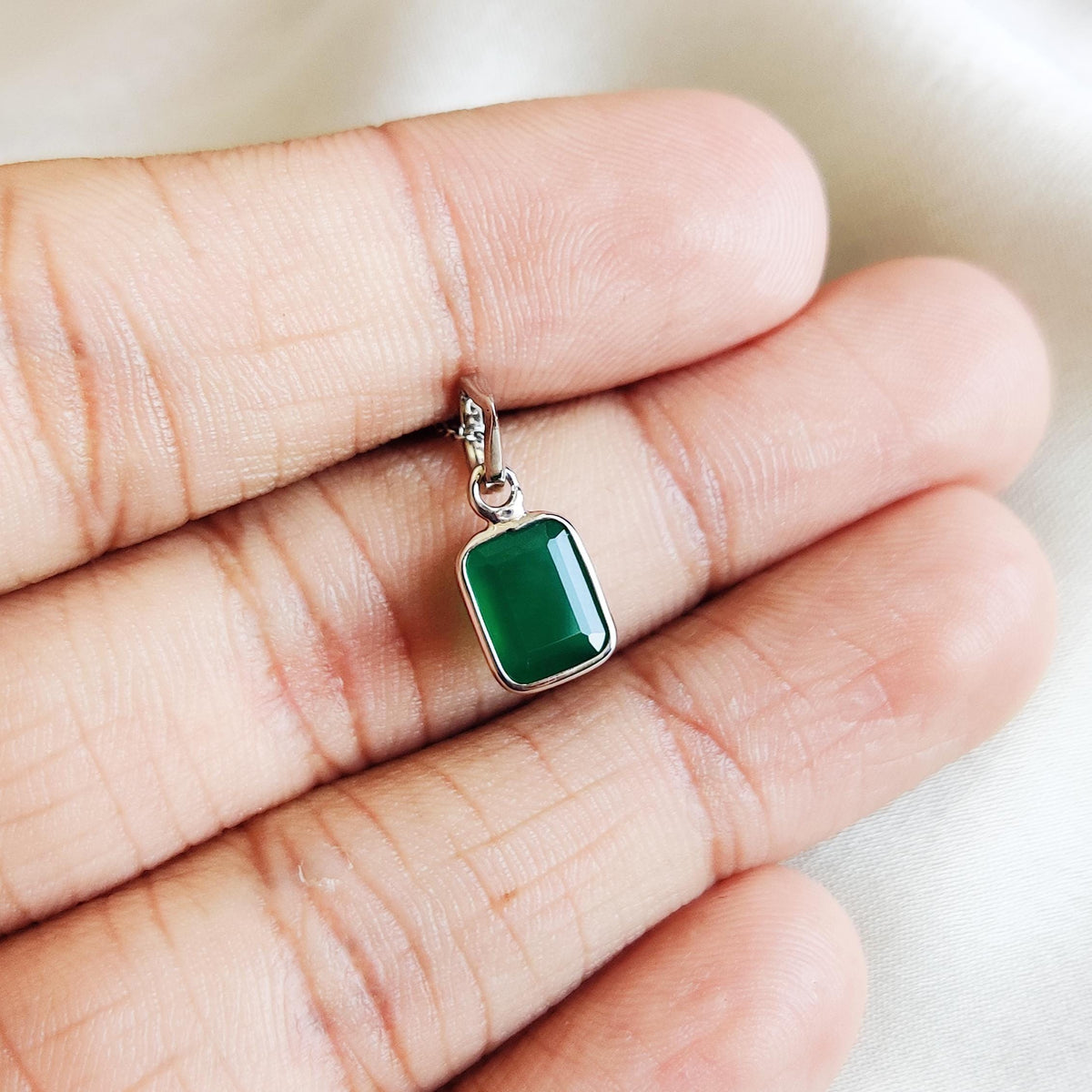 Emerald Cut Natural Green Onyx Pendant, 14K Solid White Gold, May Birthstone