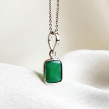 Emerald Cut Natural Green Onyx Pendant, 14K Solid White Gold, May Birthstone