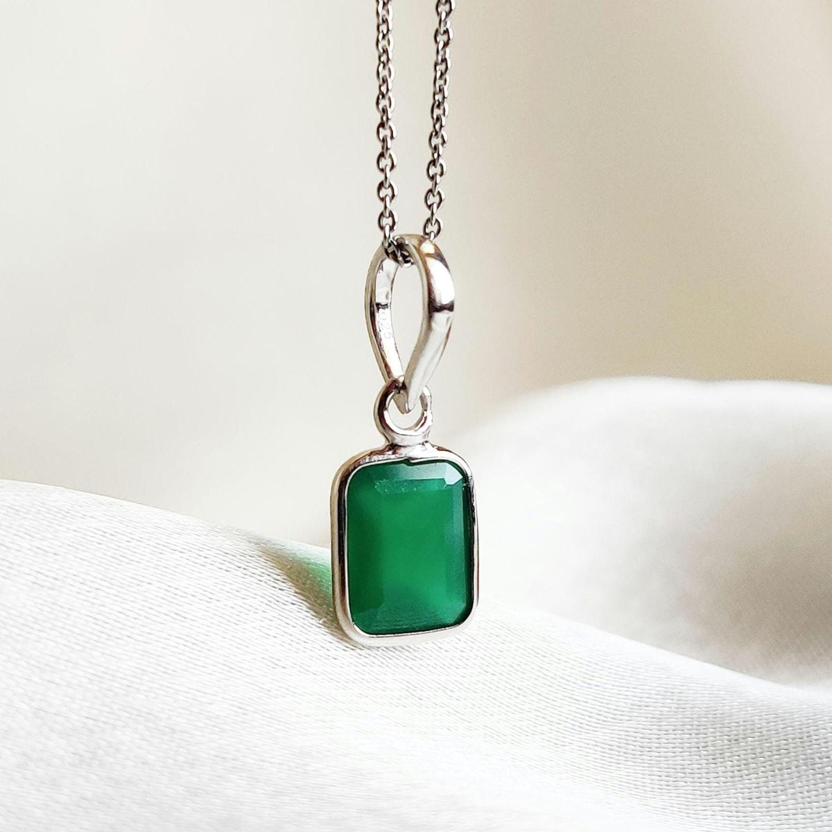 Emerald Cut Natural Green Onyx Pendant, 14K Solid White Gold, May Birthstone