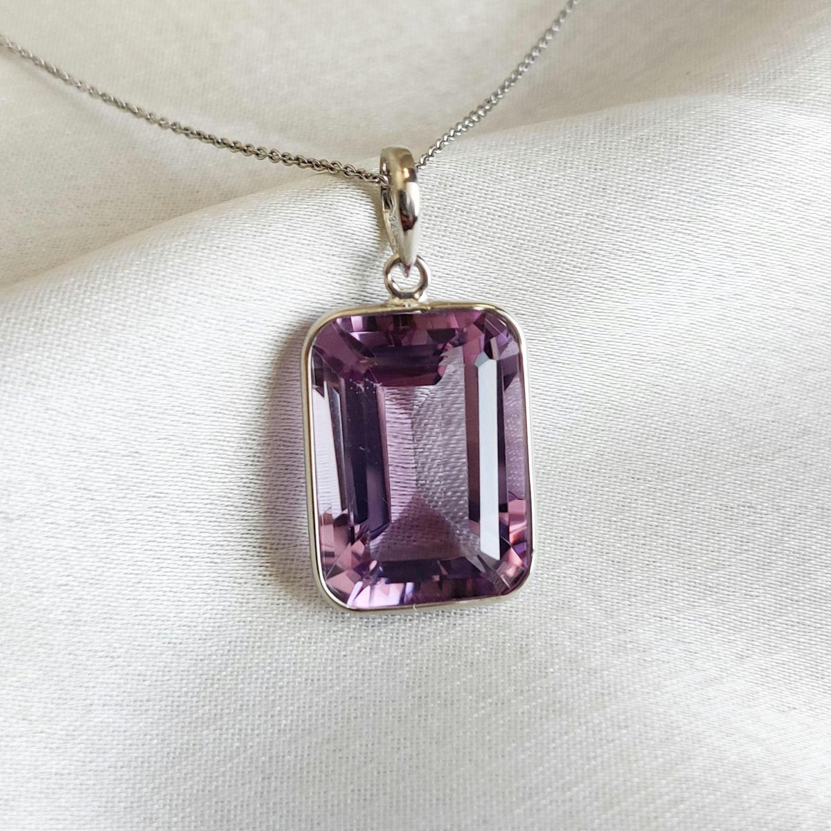 Emerald Cut Natural Purple Amethyst Pendant, 14K Solid White Gold, February Birthstone