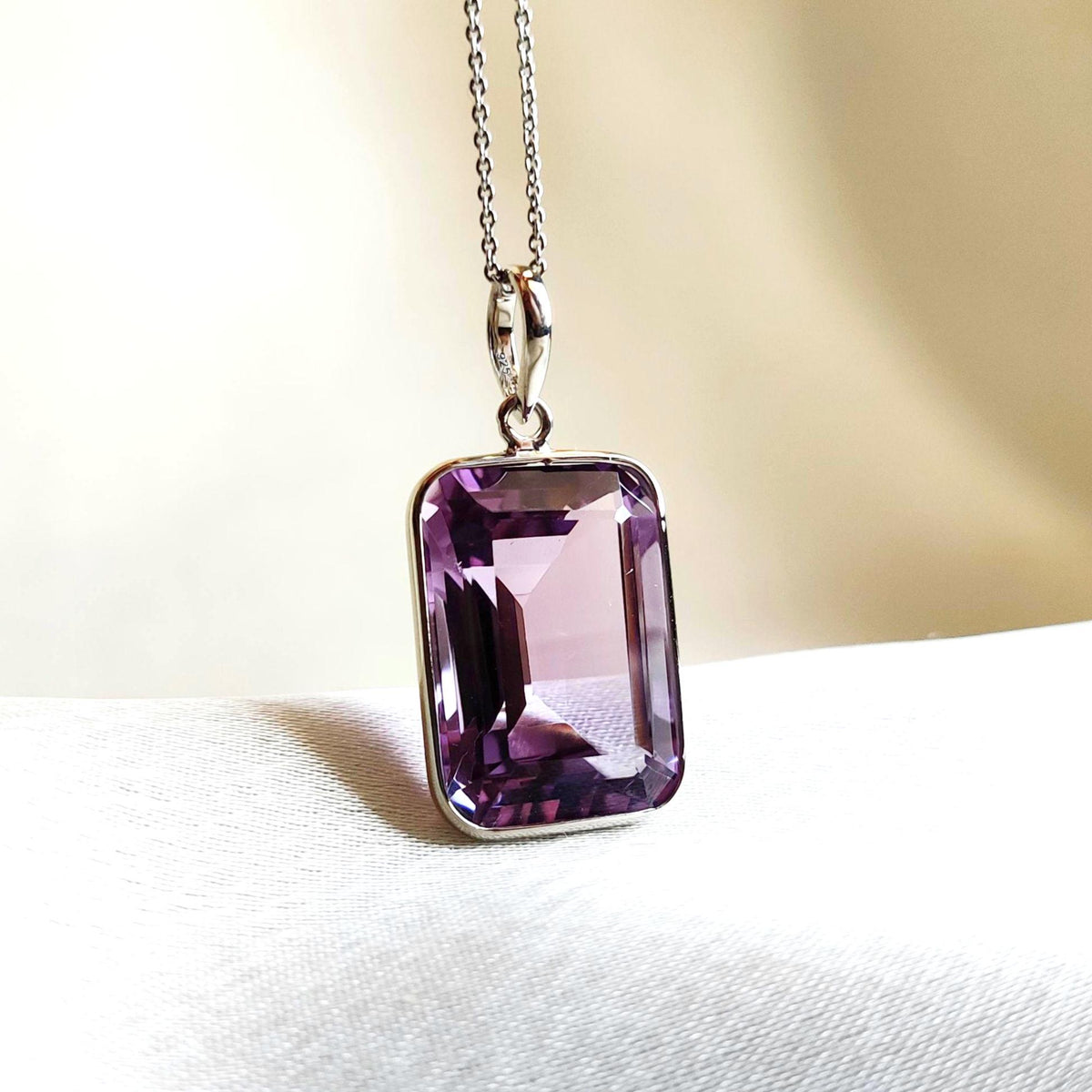 Emerald Cut Natural Purple Amethyst Pendant, 14K Solid White Gold, February Birthstone