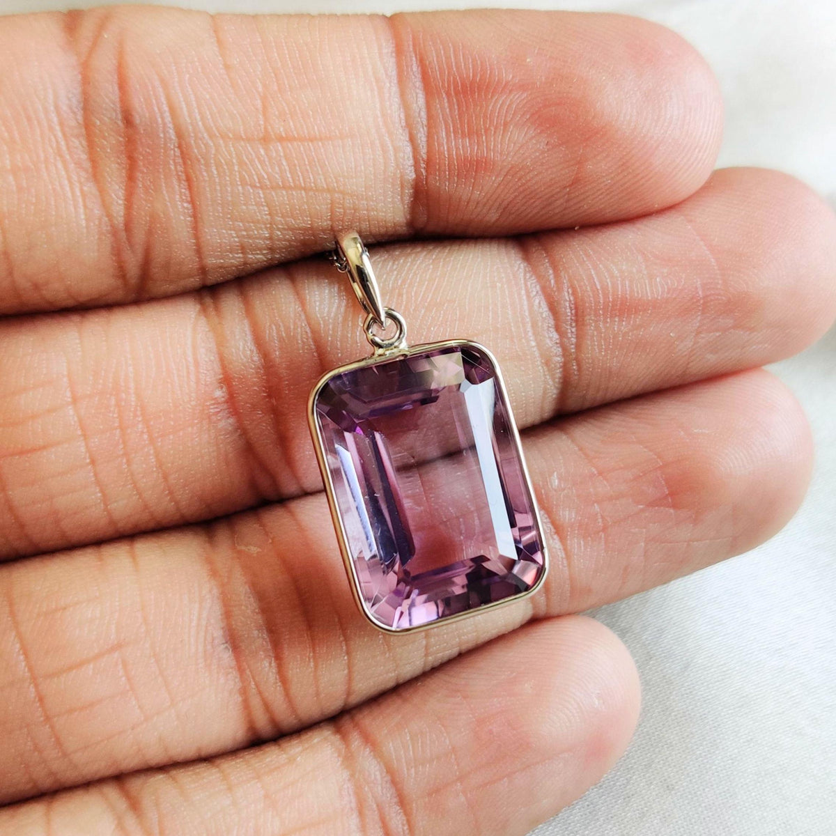 Emerald Cut Natural Purple Amethyst Pendant, 14K Solid White Gold, February Birthstone