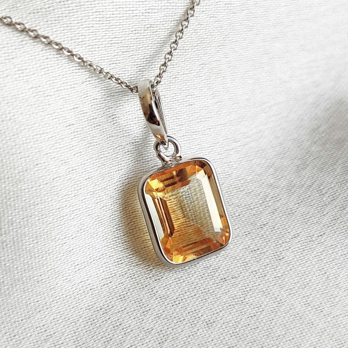 Emerald Cut Natural Citrine Pendant, 14K Solid White Gold, November Birthstone
