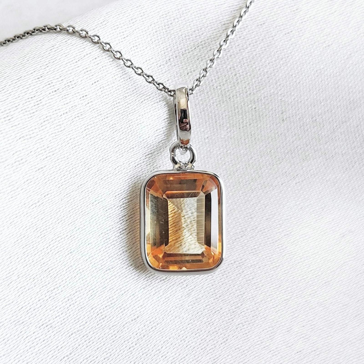 Emerald Cut Natural Citrine Pendant, 14K Solid White Gold, November Birthstone