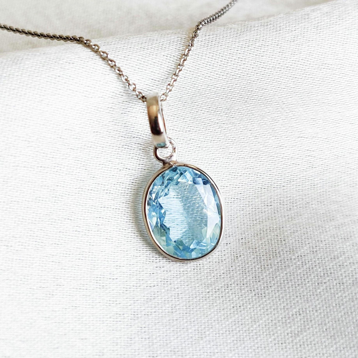 Natural Aquamarine Bezel Pendant, 14K Solid White Gold March Birthstone
