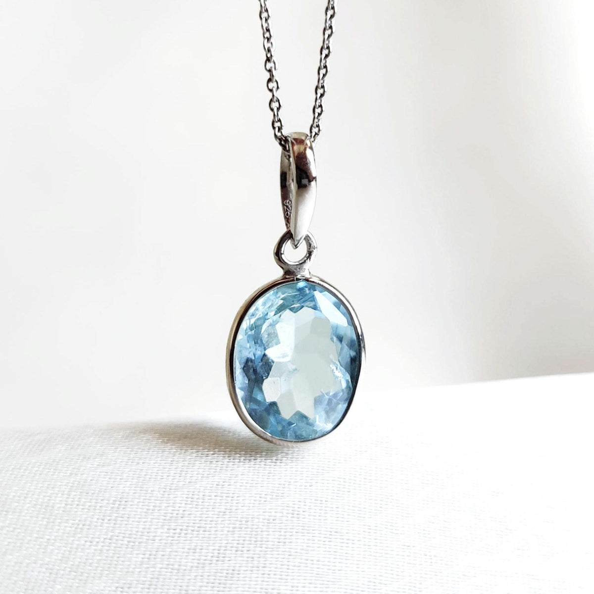 Natural Aquamarine Bezel Pendant, 14K Solid White Gold March Birthstone