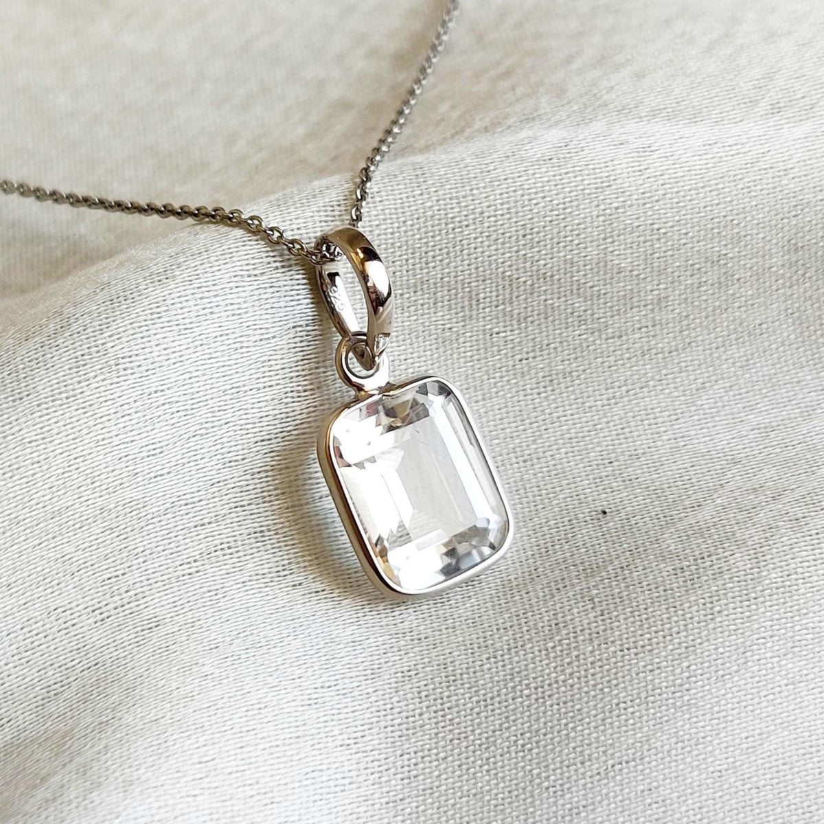 14K Solid Gold Natural White Topaz Pendant - Emerald Cut November Birthstone