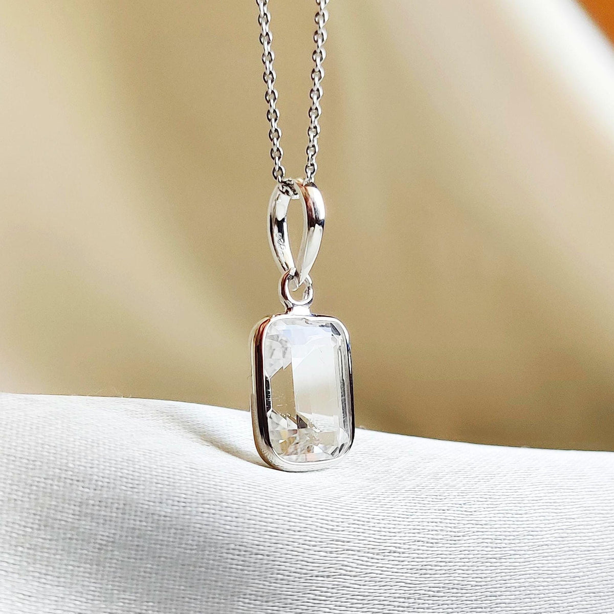 14K Solid Gold Natural White Topaz Pendant - Emerald Cut November Birthstone
