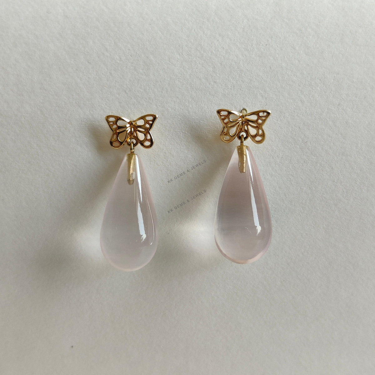 14K Solid Yellow Gold Natural Rose Quartz Teardrop Earrings, Butterfly Studs