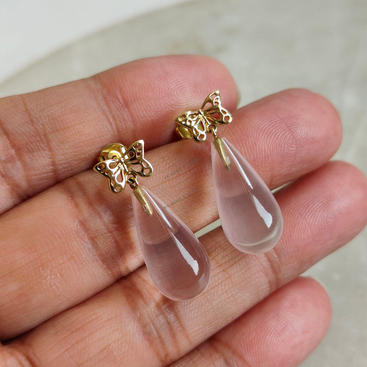 14K Solid Yellow Gold Natural Rose Quartz Teardrop Earrings, Butterfly Studs