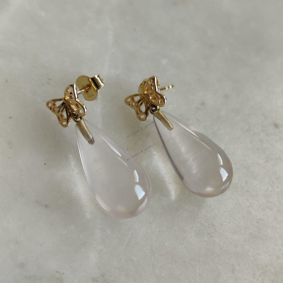 14K Solid Yellow Gold Natural Rose Quartz Teardrop Earrings, Butterfly Studs