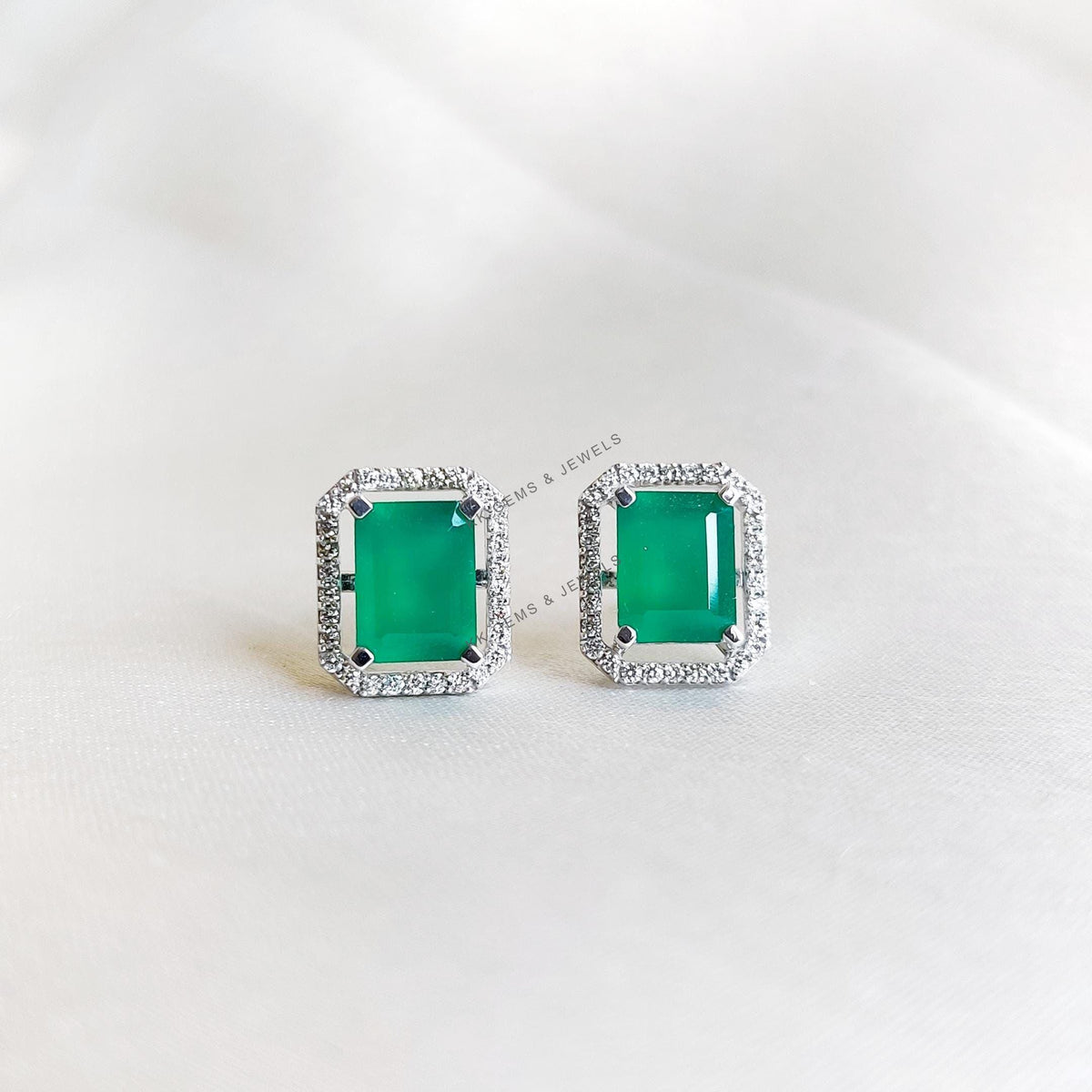 Natural Green Onyx & Diamond Studs, 14K Solid White Gold Earrings, Christmas Gift