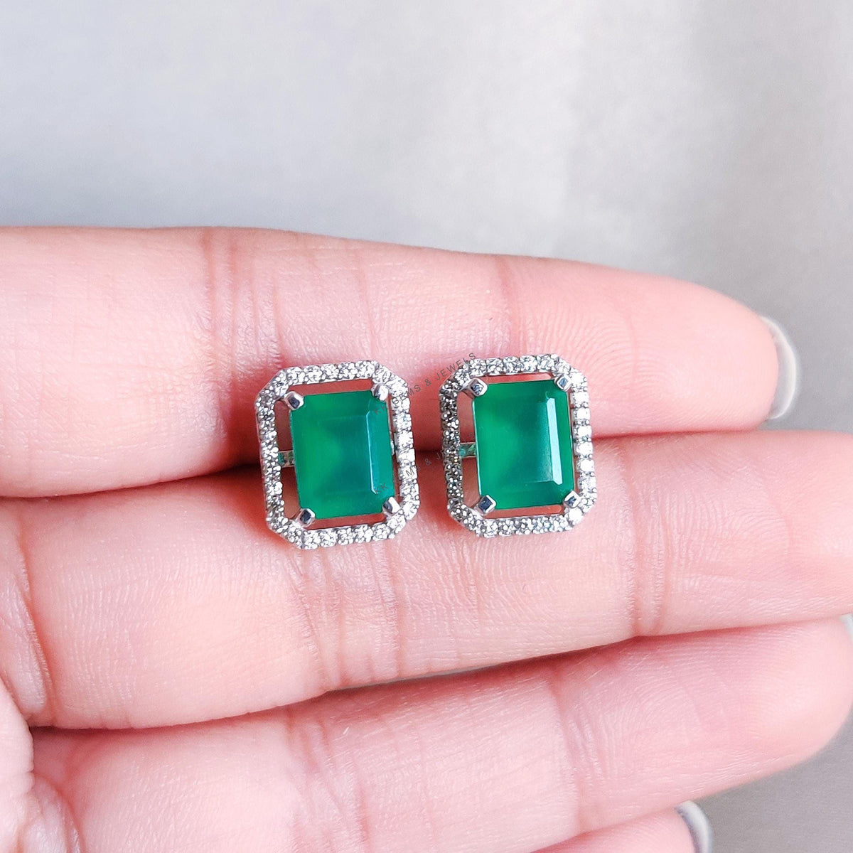 Natural Green Onyx & Diamond Studs, 14K Solid White Gold Earrings, Christmas Gift