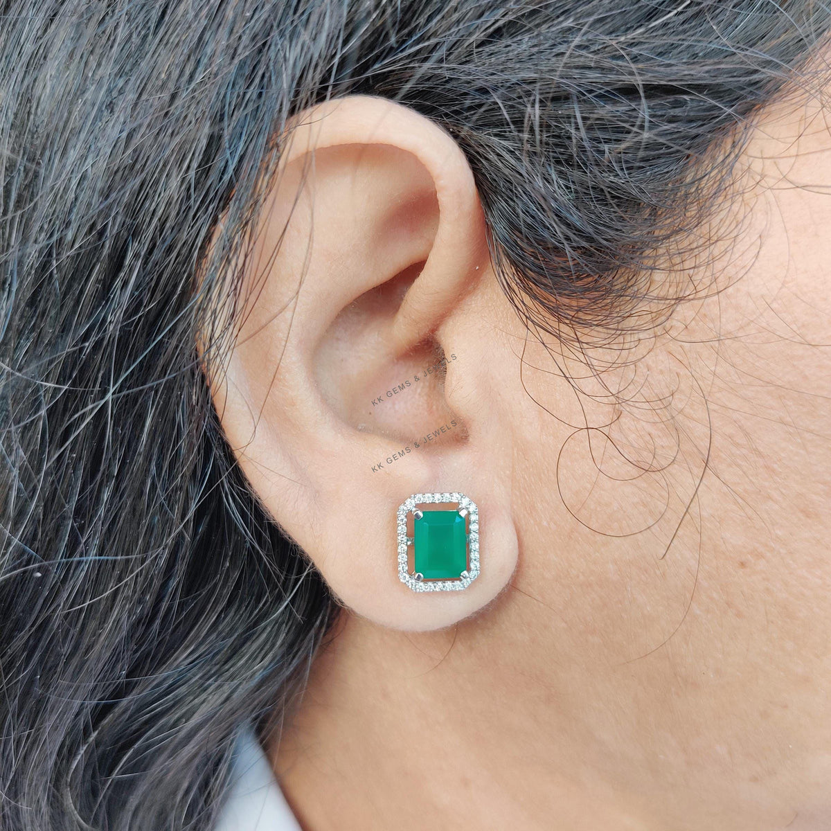 Natural Green Onyx & Diamond Studs, 14K Solid White Gold Earrings, Christmas Gift