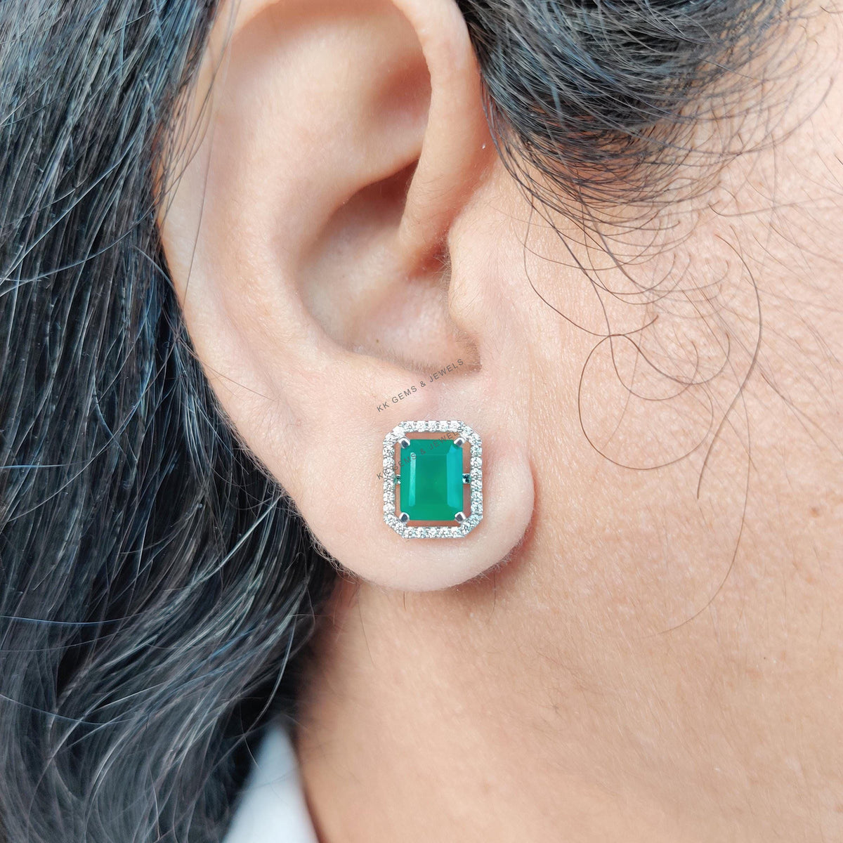 Natural Green Onyx & Diamond Studs, 14K Solid White Gold Earrings, Christmas Gift