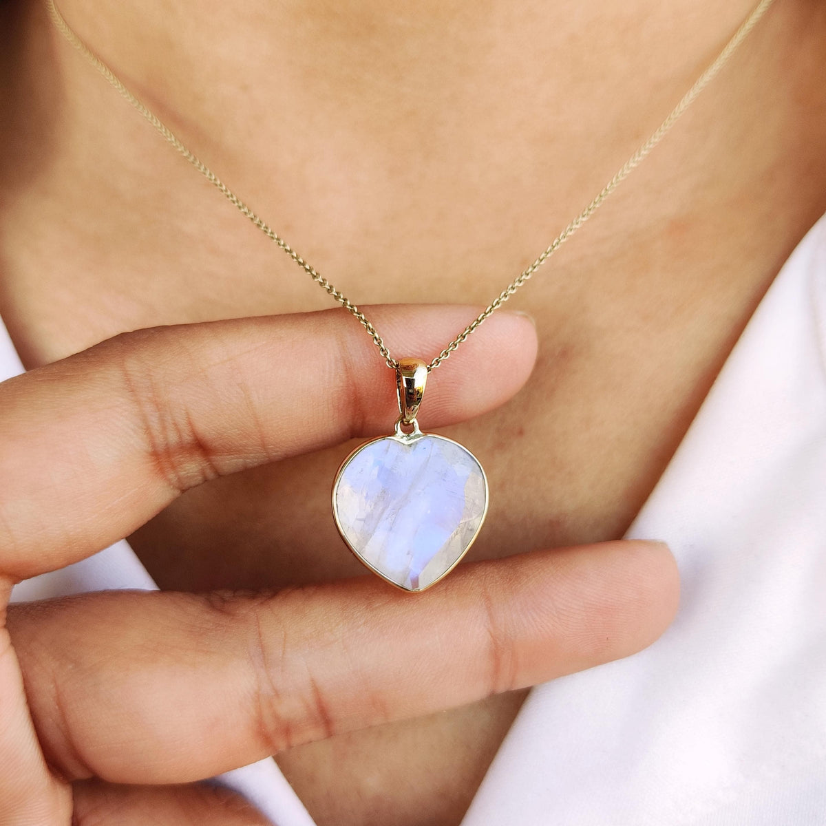 14K Solid Yellow Gold Natural Rainbow Moonstone Heart Pendant - June Birthstone