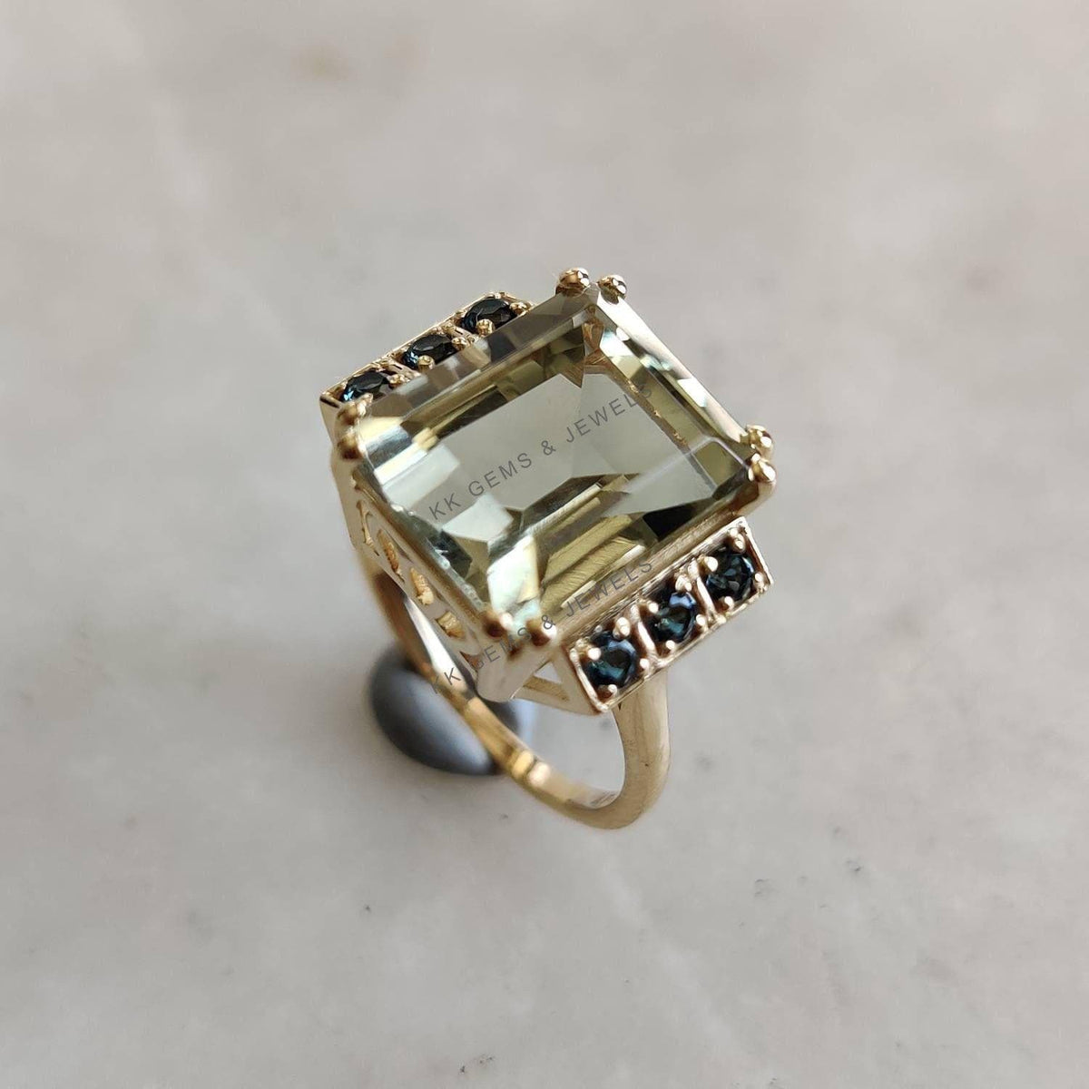 Natural Green Amethyst & London Blue Topaz Ring, 14K Solid Yellow Gold Statement Ring