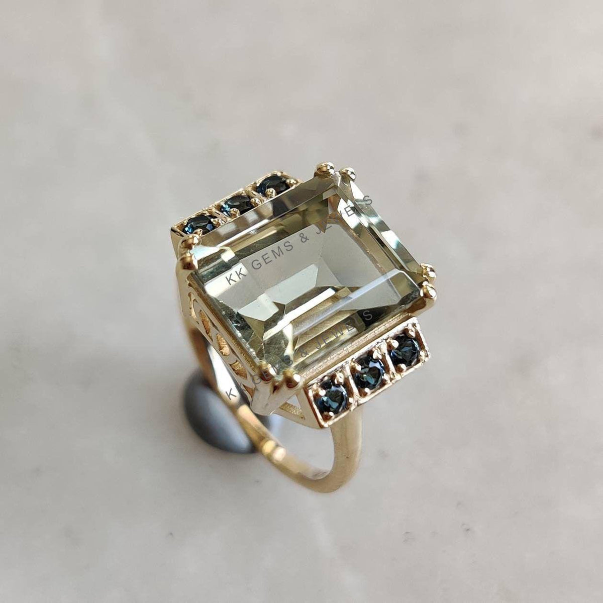 Natural Green Amethyst & London Blue Topaz Ring, 14K Solid Yellow Gold Statement Ring