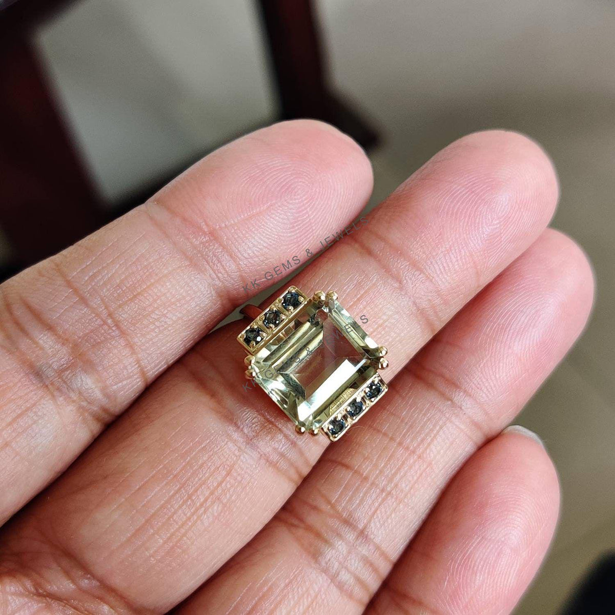 Natural Green Amethyst & London Blue Topaz Ring, 14K Solid Yellow Gold Statement Ring