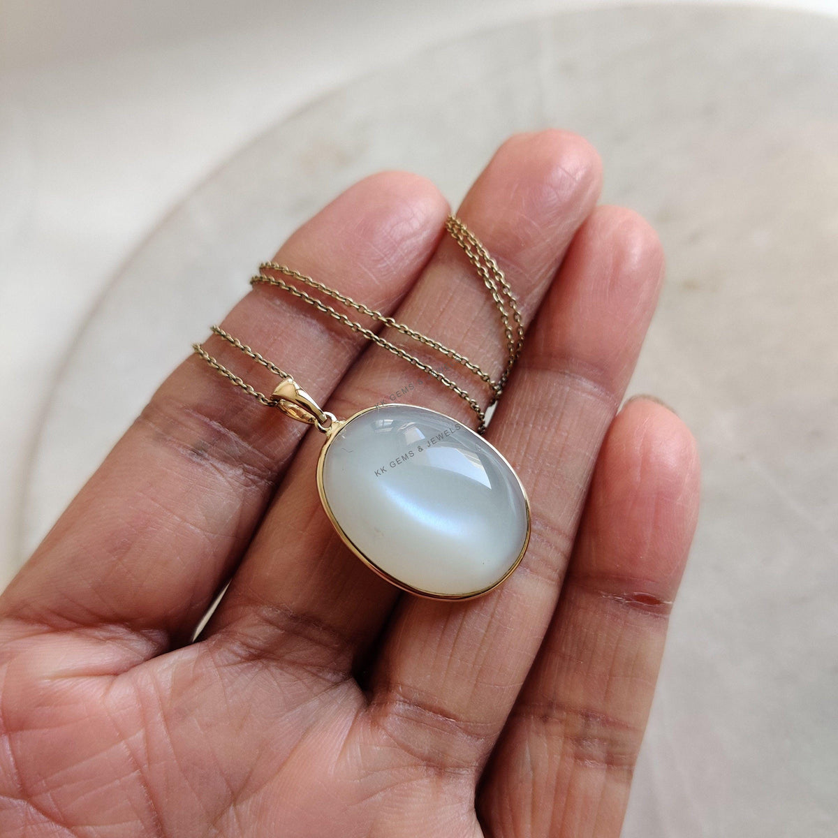 14K Solid Gold Bezel Natural White Moonstone Pendant, June Birthstone