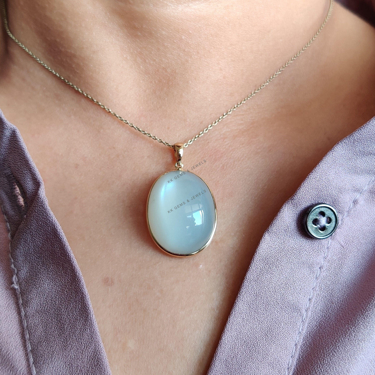 14K Solid Gold Bezel Natural White Moonstone Pendant, June Birthstone