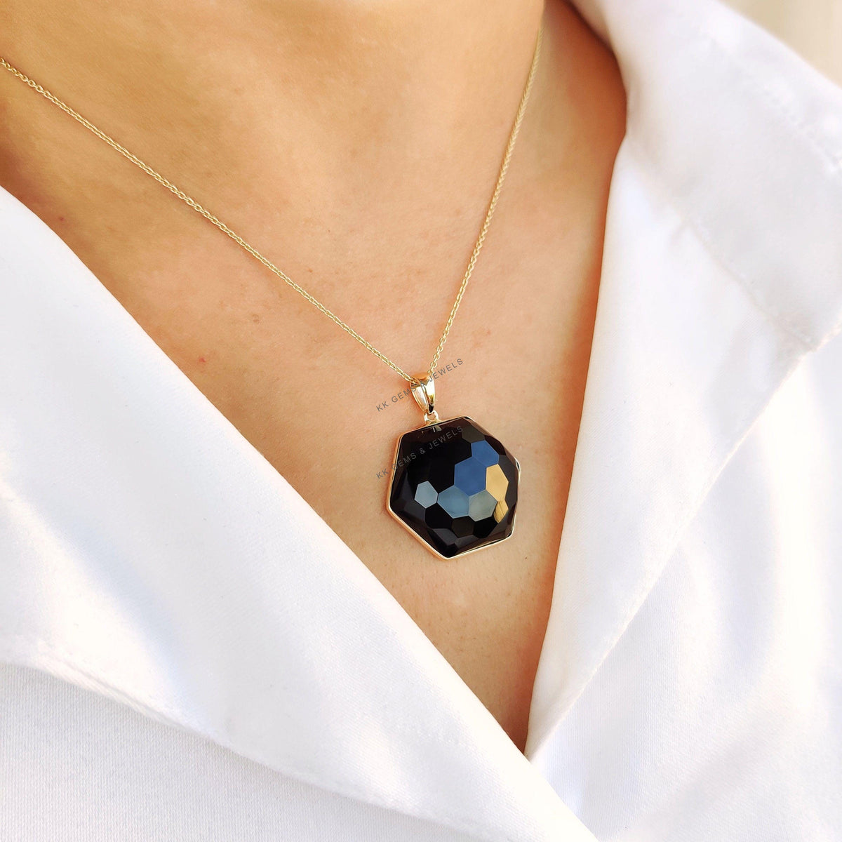 14K Solid Yellow Gold Natural Black Onyx Pendant, Hexagon Gemstone Bezel Jewelry