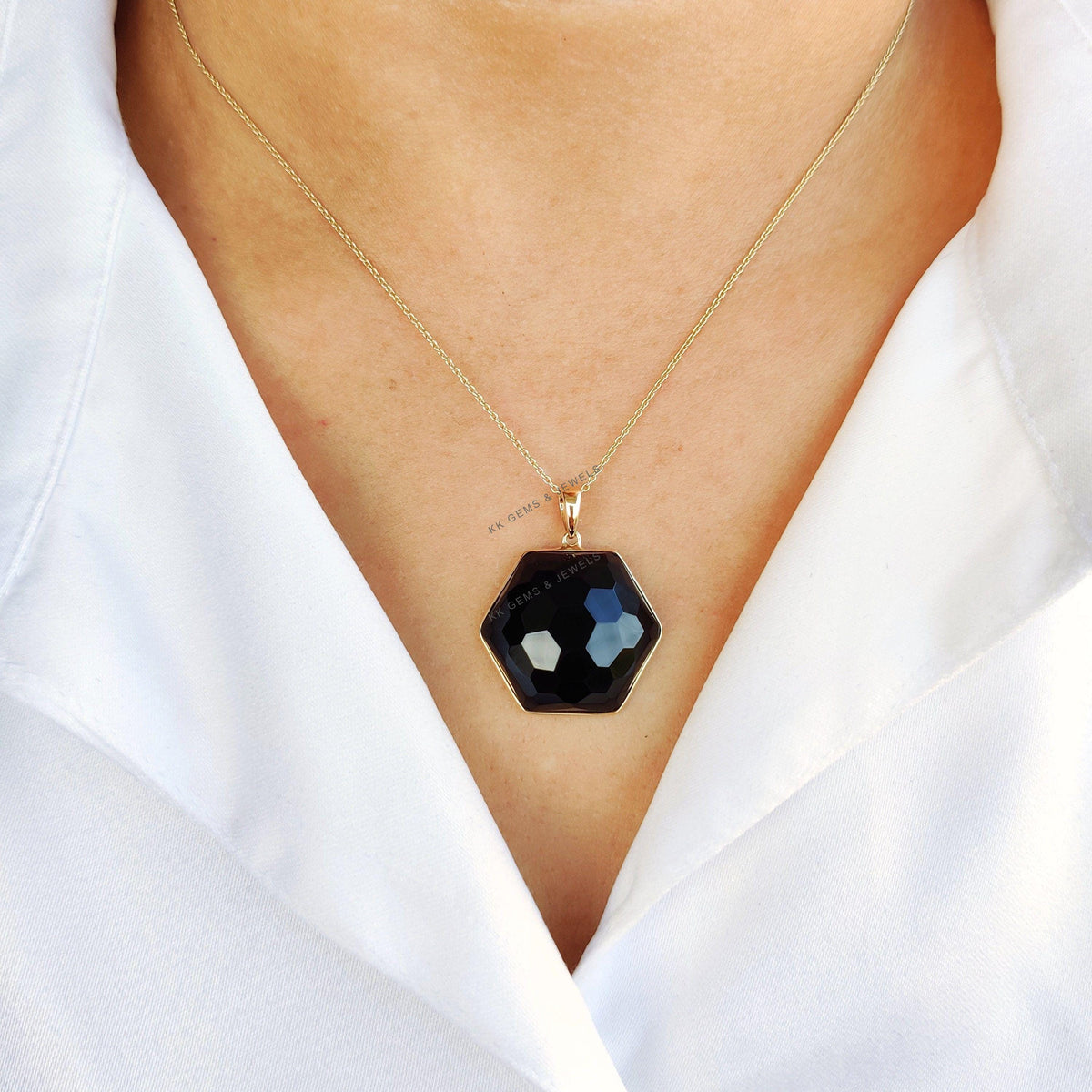 14K Solid Yellow Gold Natural Black Onyx Pendant, Hexagon Gemstone Bezel Jewelry