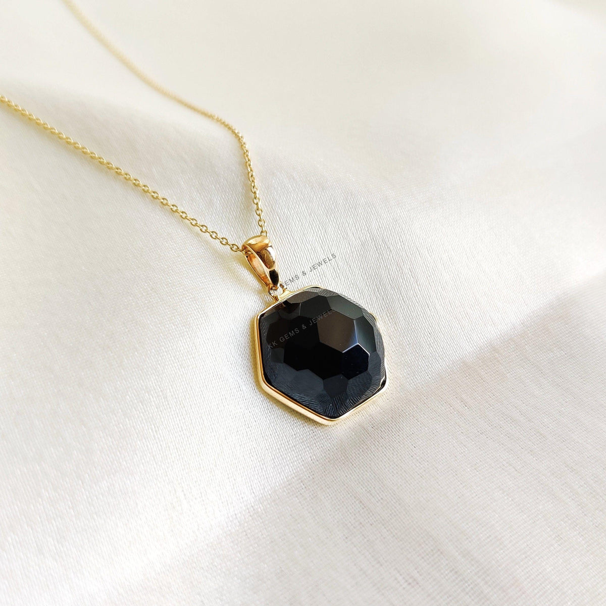 14K Solid Yellow Gold Natural Black Onyx Pendant, Hexagon Gemstone Bezel Jewelry