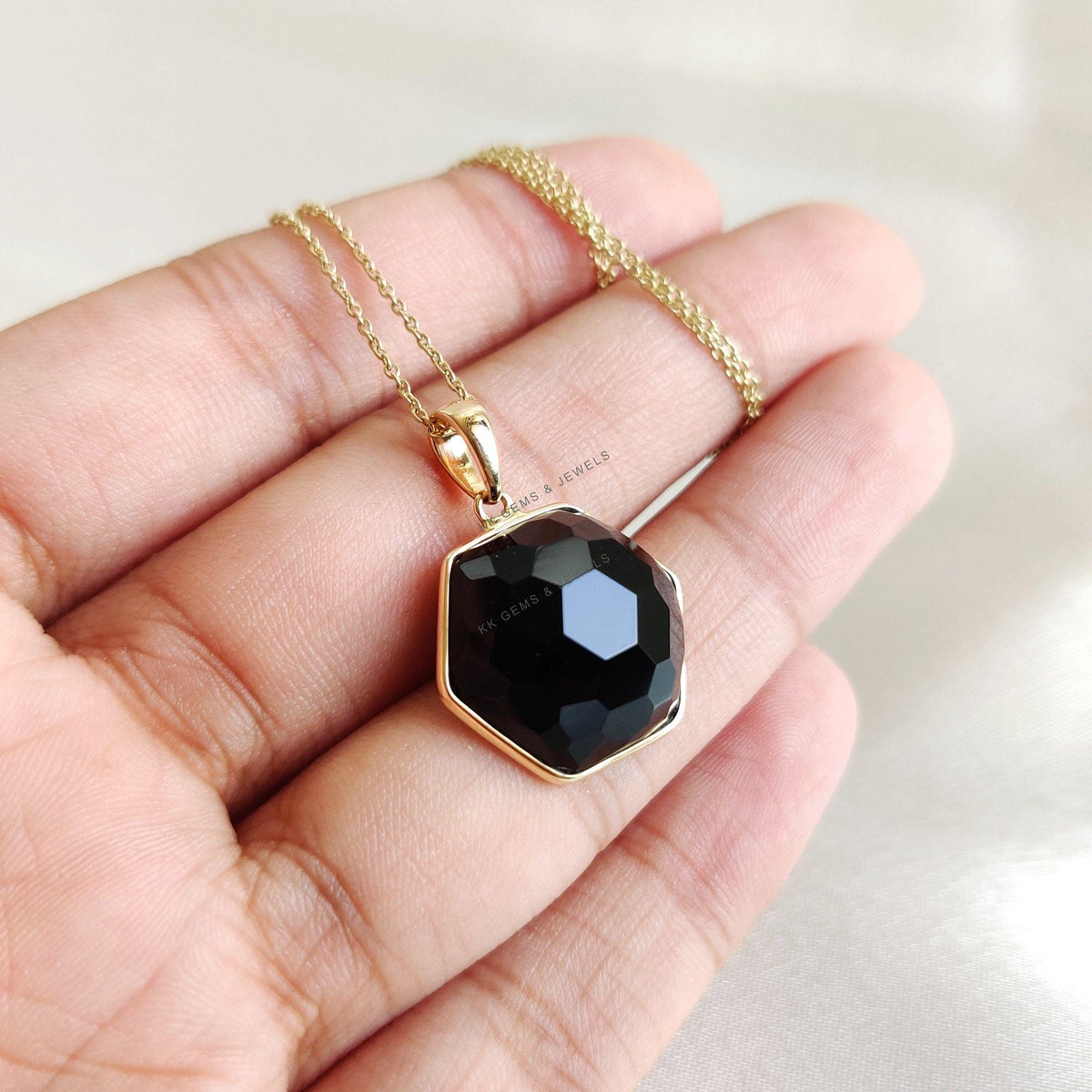 14K Solid Yellow Gold Natural Black Onyx Pendant, Hexagon Gemstone Bezel Jewelry