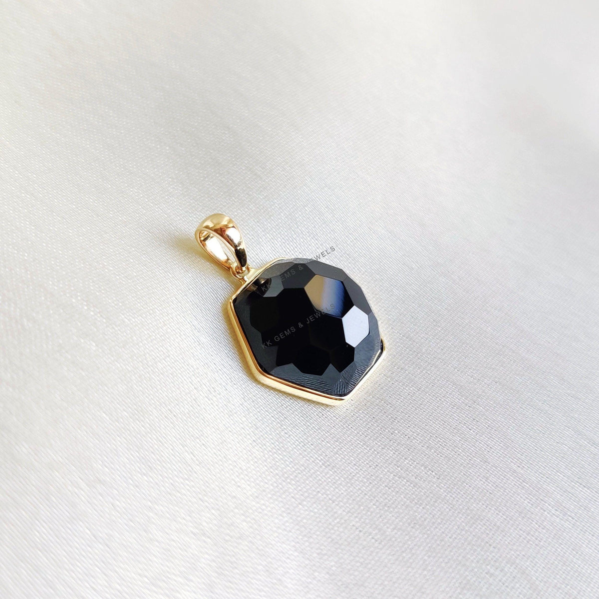 14K Solid Yellow Gold Natural Black Onyx Pendant, Hexagon Gemstone Bezel Jewelry