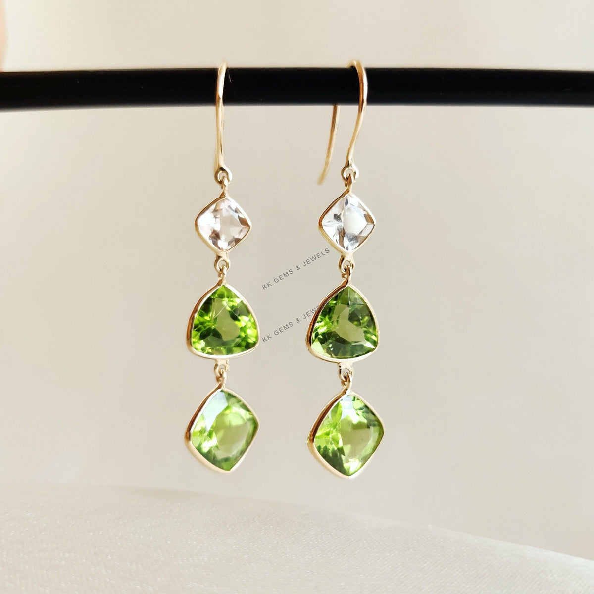 14K Solid Gold Natural Peridot & Morganite Bezel Earrings, August November Birthstone