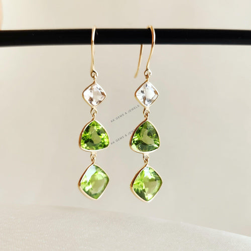 14K Solid Gold Natural Peridot & Morganite Bezel Earrings, August November Birthstone