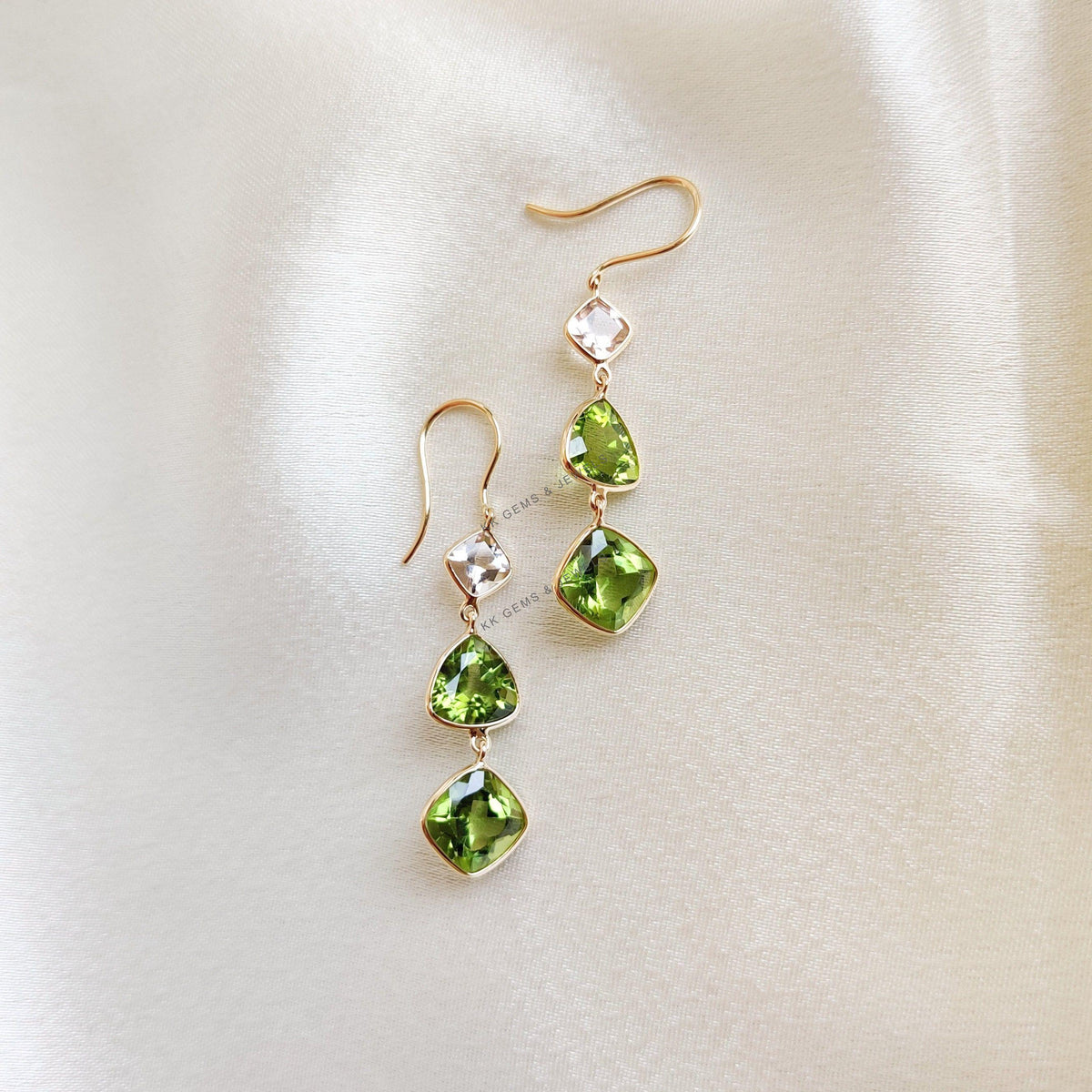 14K Solid Gold Natural Peridot & Morganite Bezel Earrings, August November Birthstone