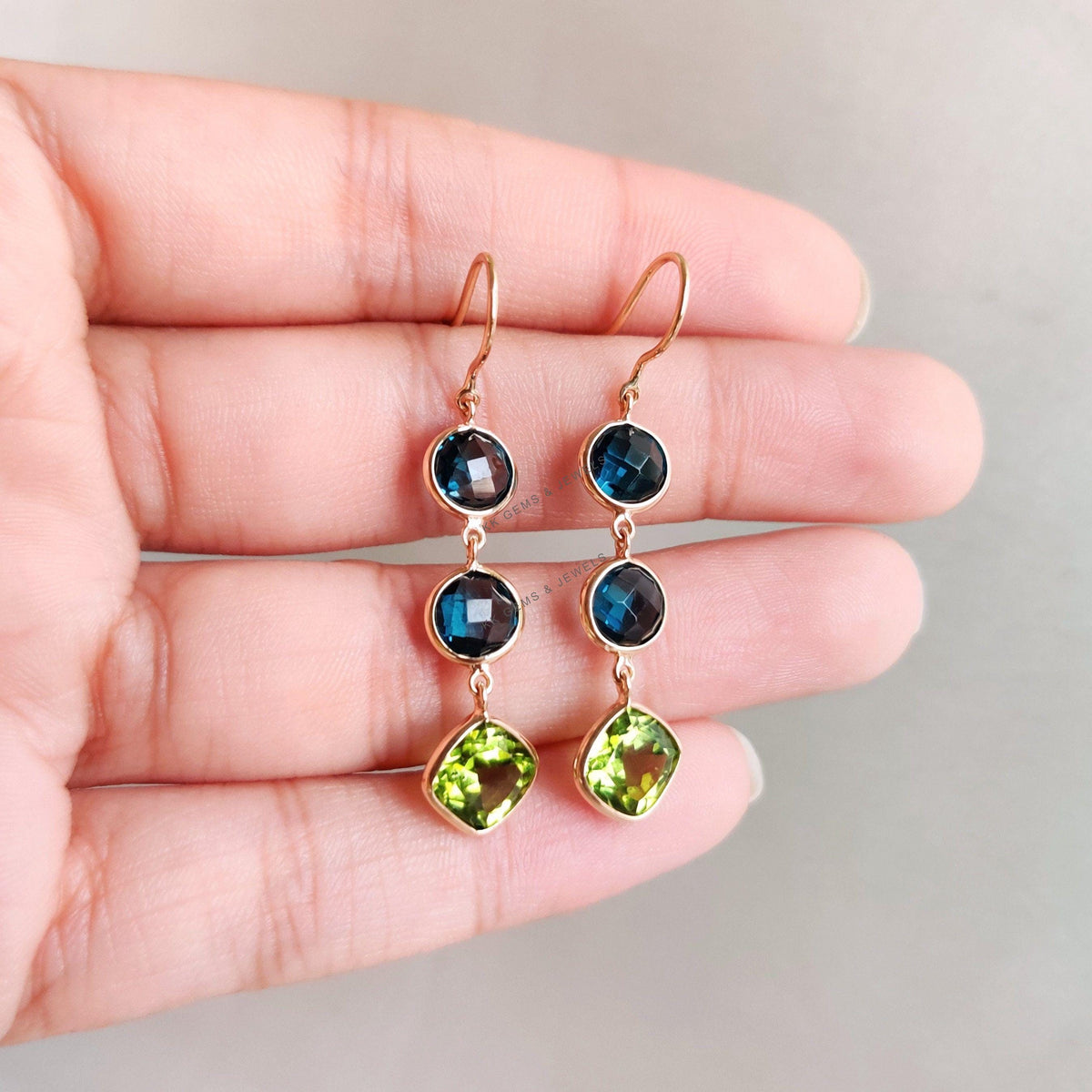 14K Solid Gold Natural London Blue Topaz and Peridot Bezel Earrings