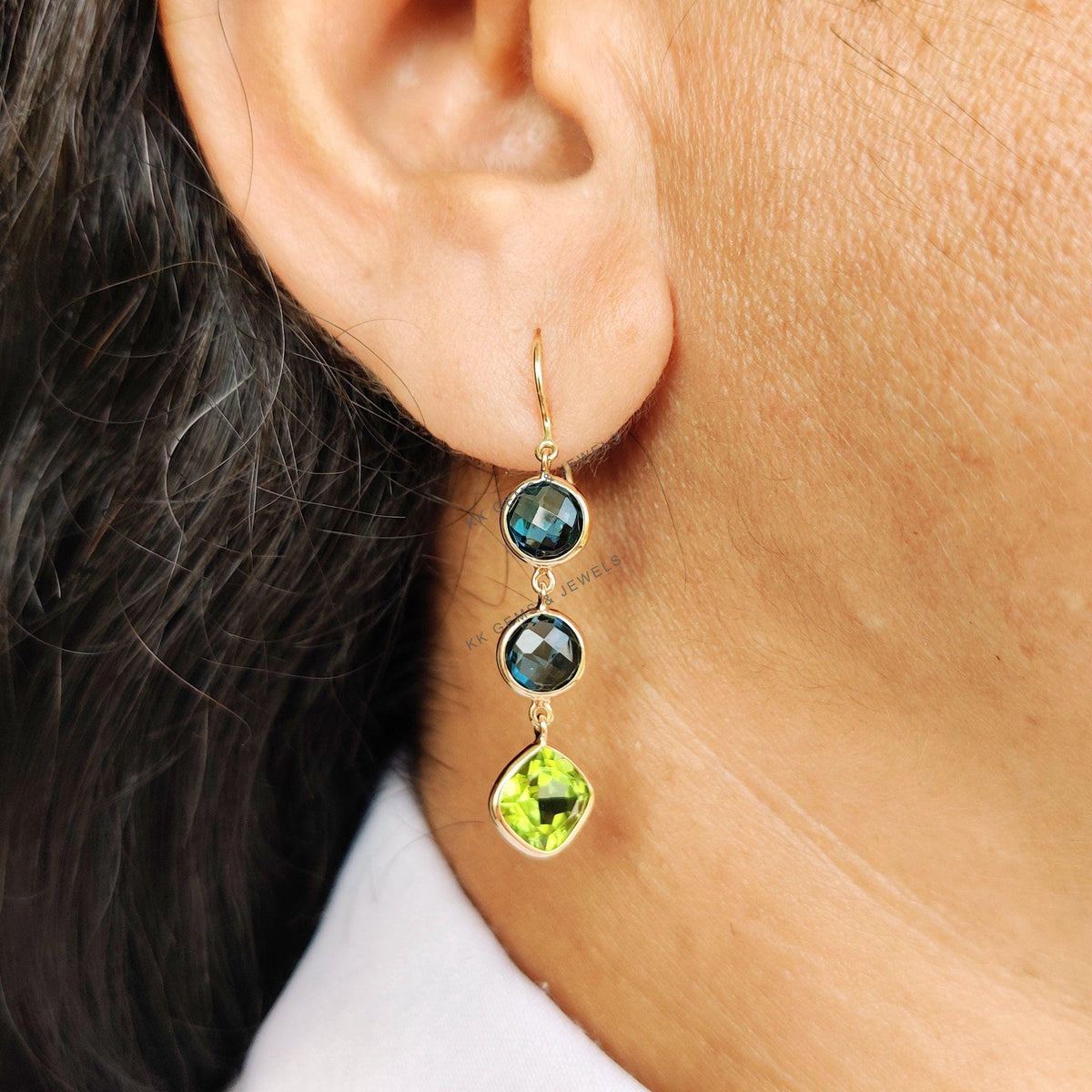 14K Solid Gold Natural London Blue Topaz and Peridot Bezel Earrings