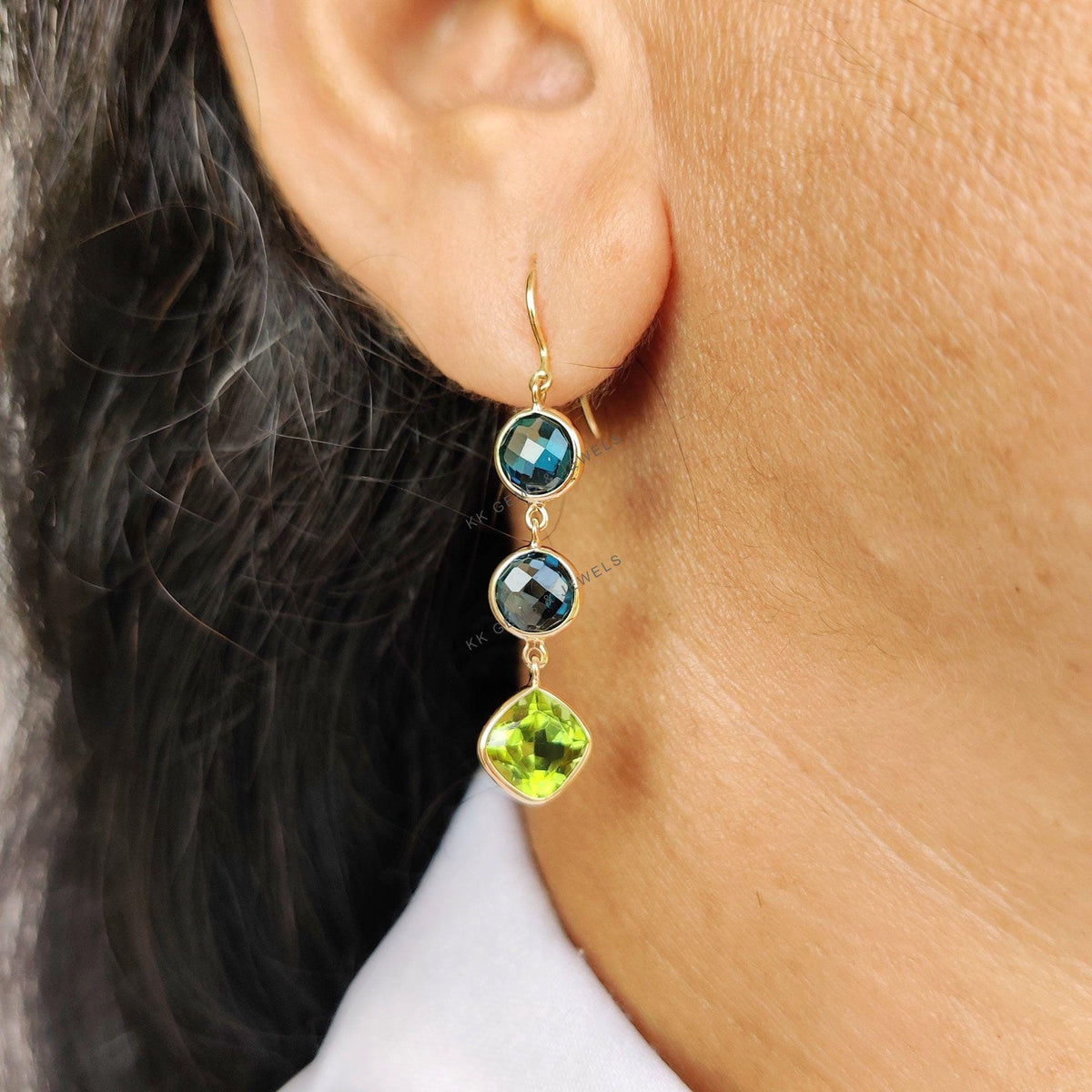 14K Solid Gold Natural London Blue Topaz and Peridot Bezel Earrings