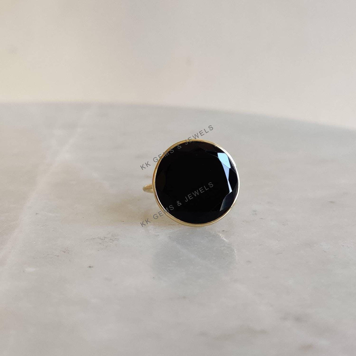 14K Solid Gold Natural Black Onyx Bezel Ring, December Birthstone
