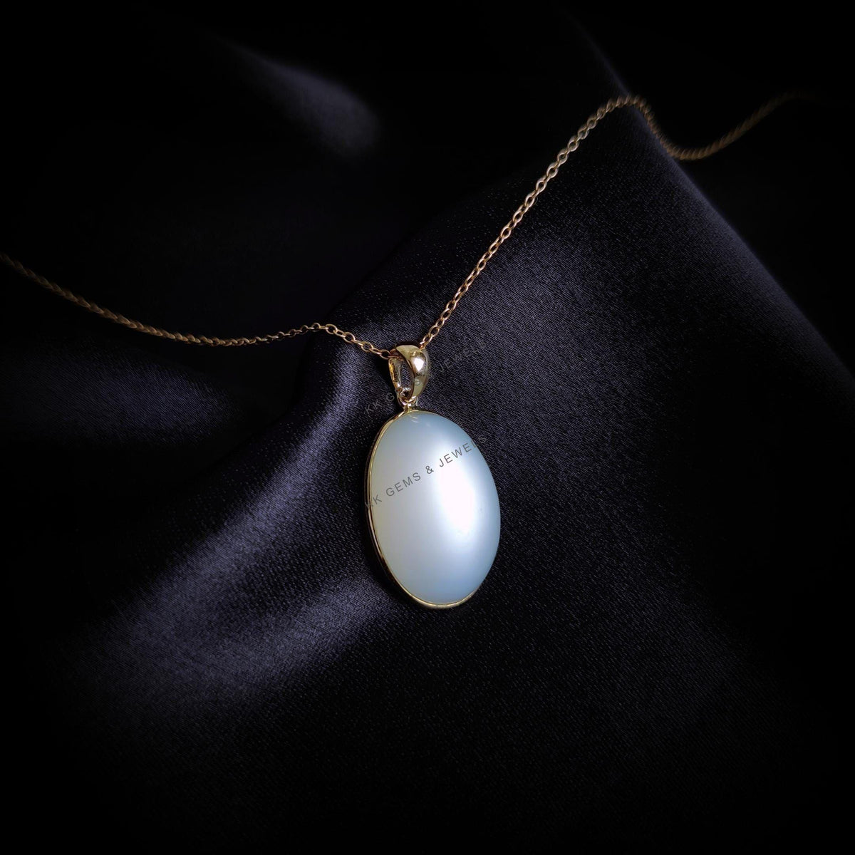 Natural White Moonstone 14K Solid Yellow Gold Pendant, Oval Cabochon, June Birthstone