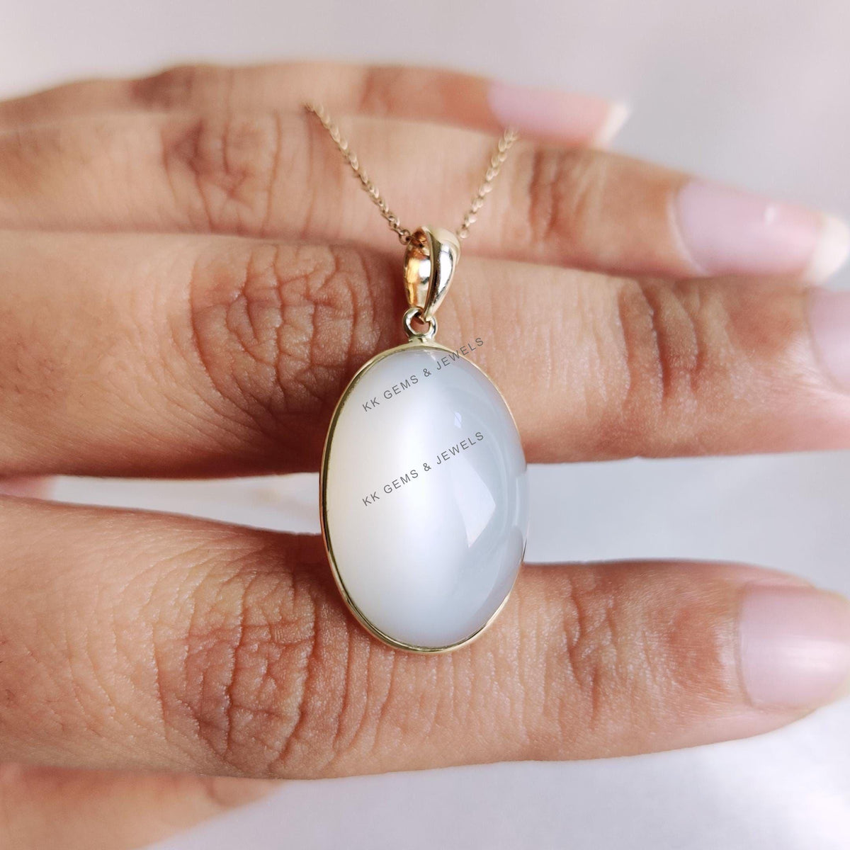 Natural White Moonstone 14K Solid Yellow Gold Pendant, Oval Cabochon, June Birthstone