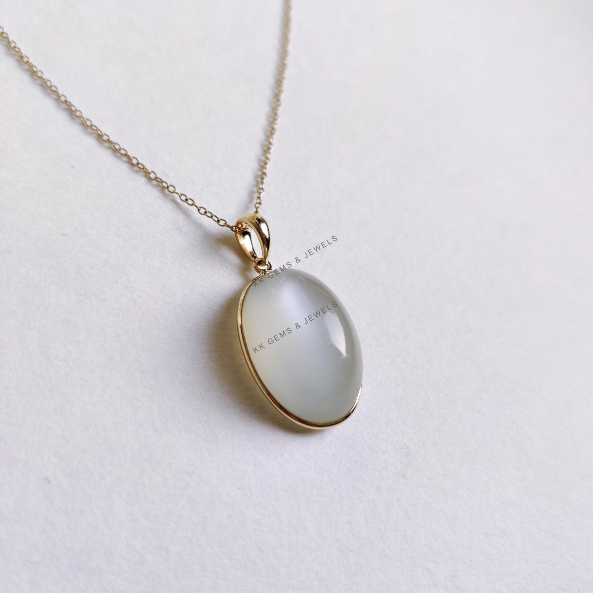 Natural White Moonstone 14K Solid Yellow Gold Pendant, Oval Cabochon, June Birthstone