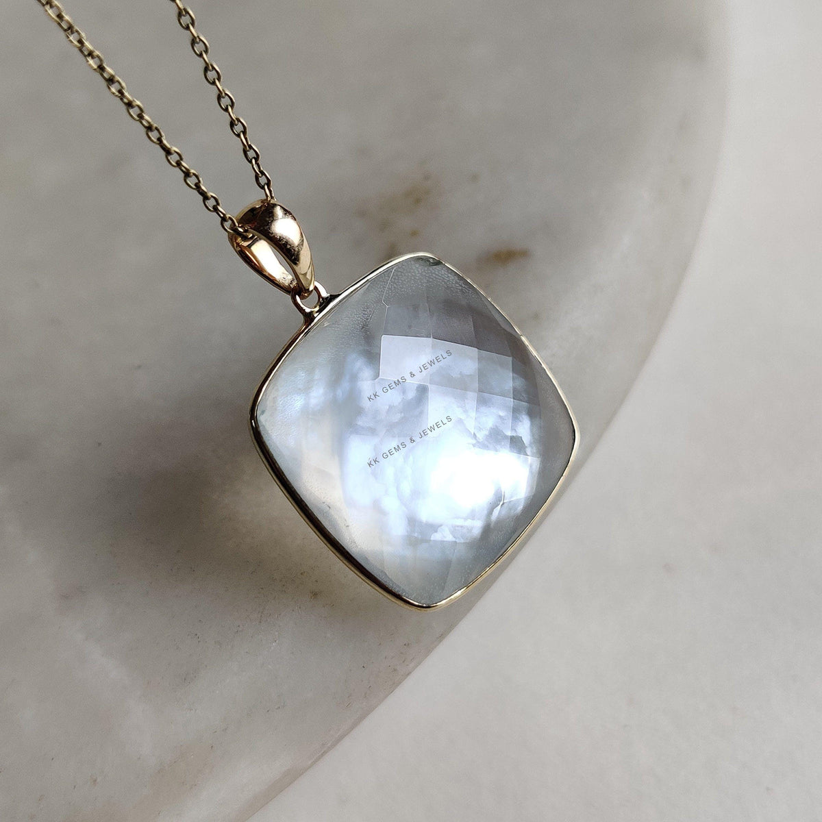 14K Solid Gold Natural MOP & Clear Quartz Pendant, June Birthstone Necklace