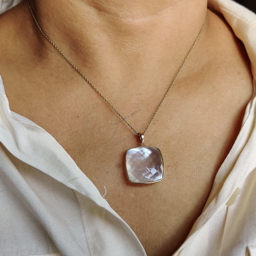 14K Solid Gold Natural MOP & Clear Quartz Pendant, June Birthstone Necklace