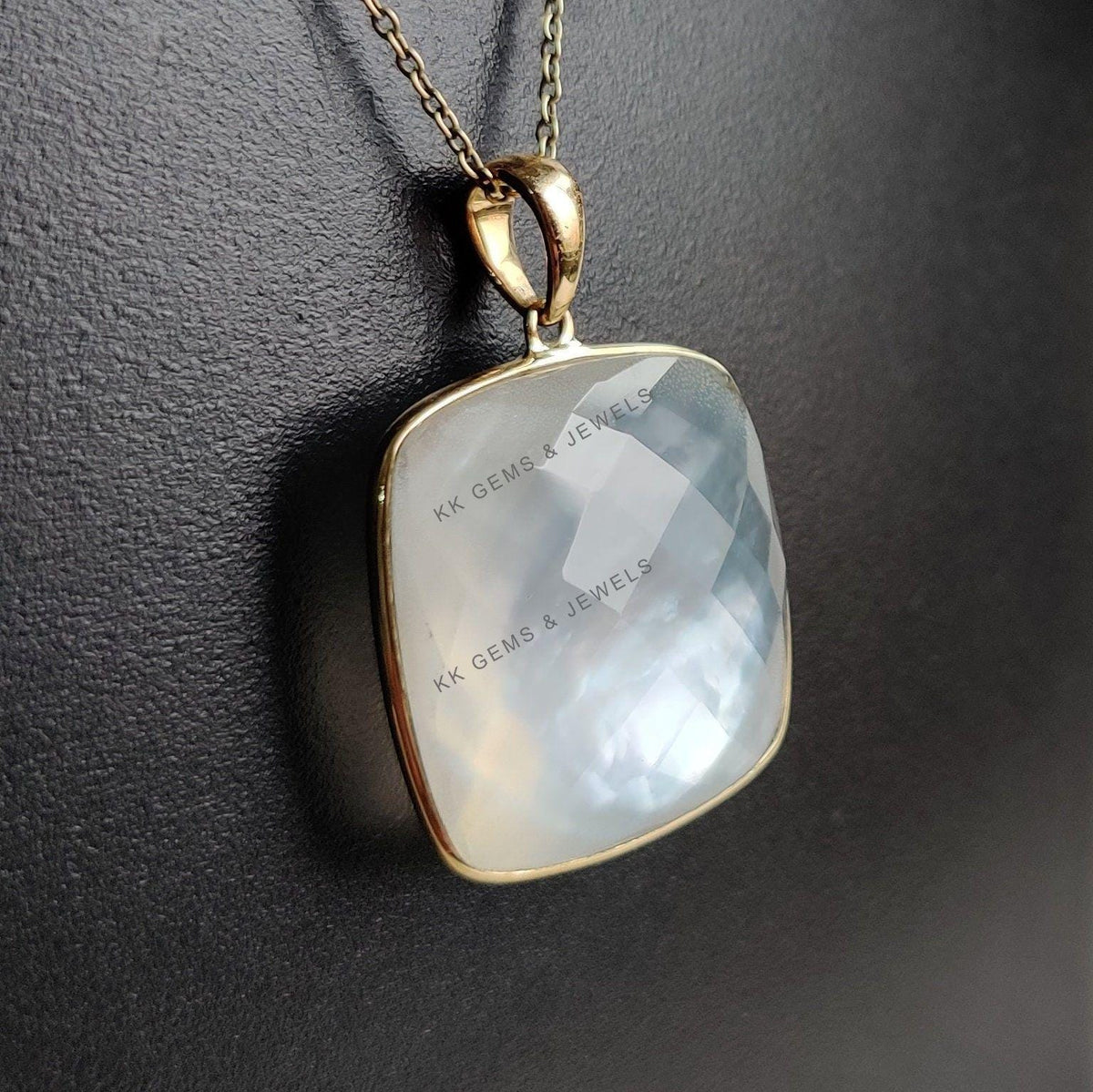 14K Solid Gold Natural MOP & Clear Quartz Pendant, June Birthstone Necklace