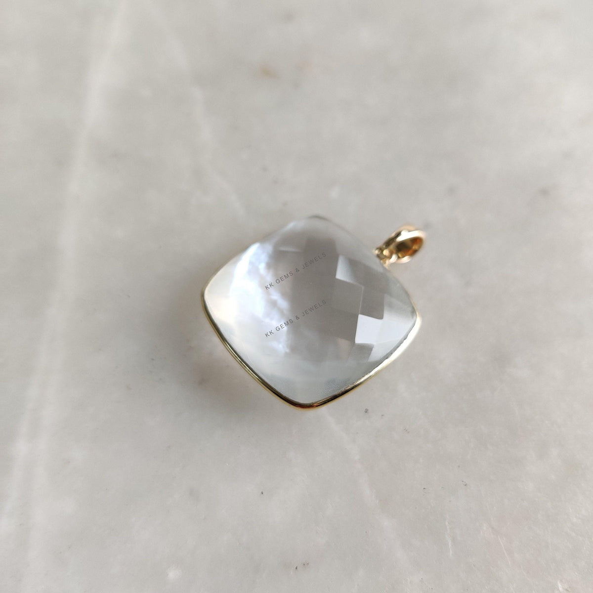 14K Solid Gold Natural MOP & Clear Quartz Pendant, June Birthstone Necklace