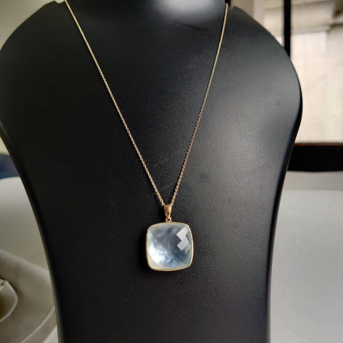 14K Solid Gold Natural MOP & Clear Quartz Pendant, June Birthstone Necklace