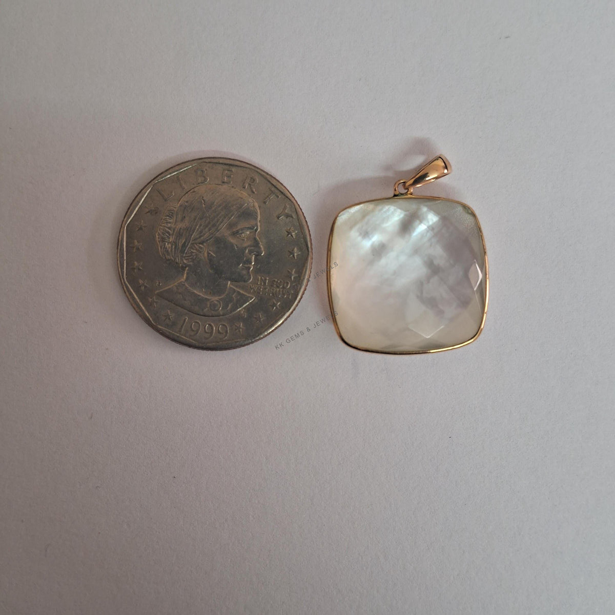 14K Solid Gold Natural MOP & Clear Quartz Pendant, June Birthstone Necklace