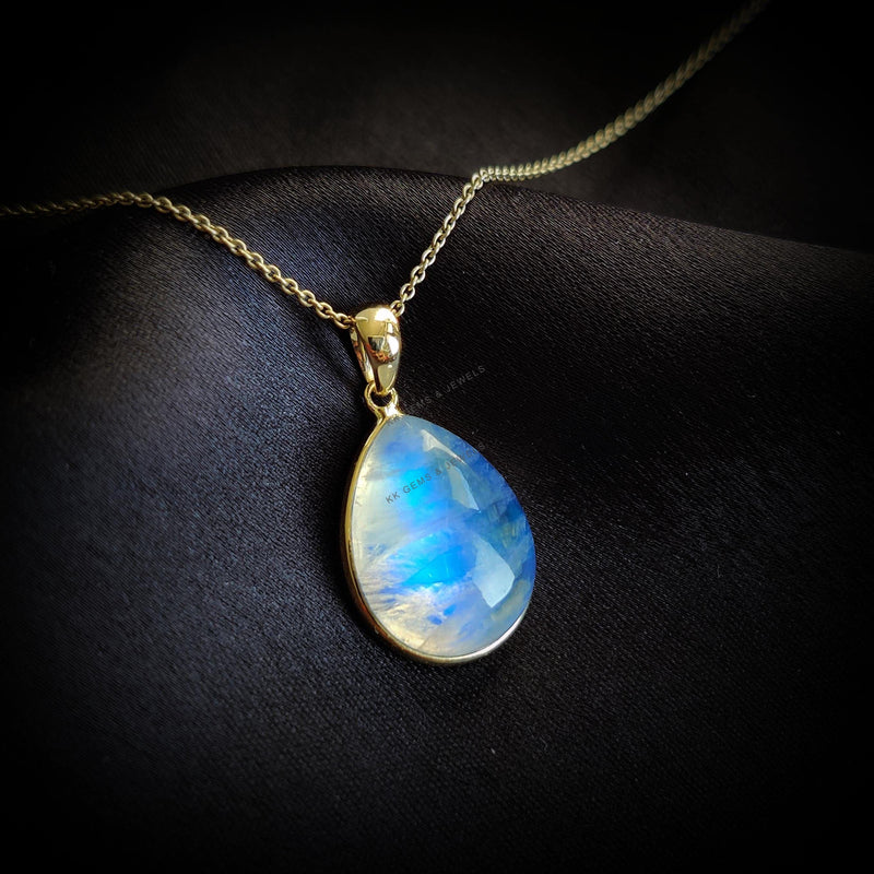 Natural Rainbow Moonstone Pendant, 14K Solid Yellow Gold Pear Pendant, June Birthstone