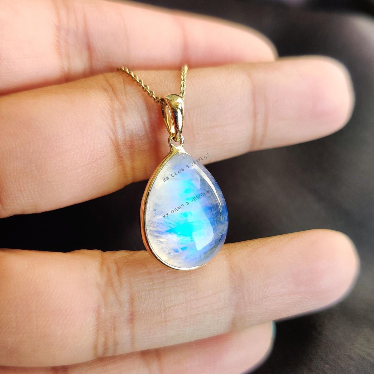 Natural Rainbow Moonstone Pendant, 14K Solid Yellow Gold Pear Pendant, June Birthstone