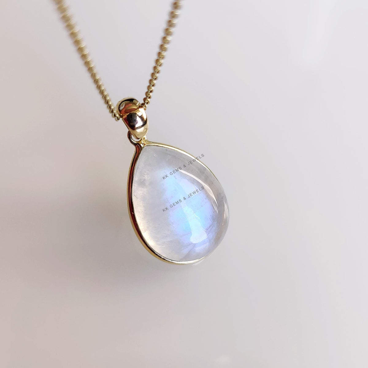 Natural Rainbow Moonstone Pendant, 14K Solid Yellow Gold Pear Pendant, June Birthstone